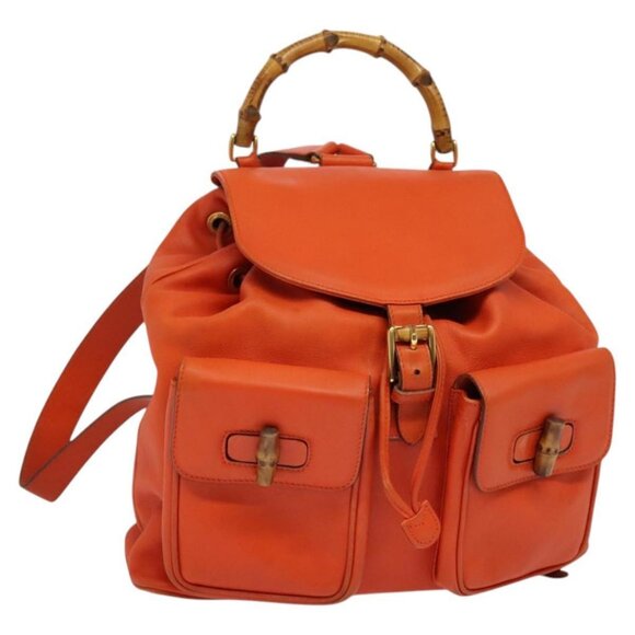 GUCCI Bamboo Backpack Leather Orange Gold 003 2058 0016 Auth mr1294 - Picture 1 of 16